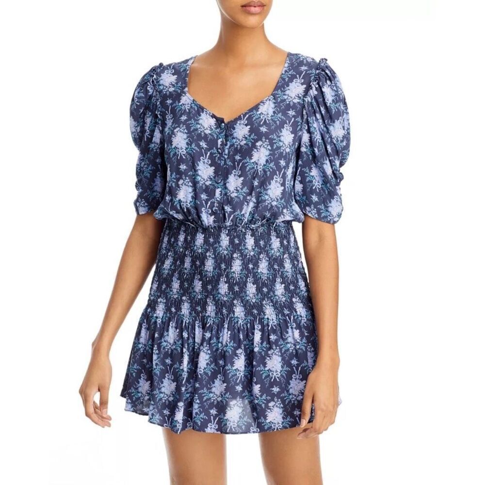 LoveShackFancy Brickell Dress Small‎ Blue Floral Smocked Puff Sleeve Coquette